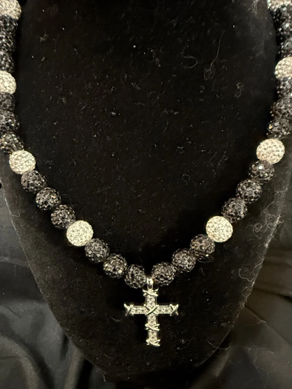 Stainless steel Cross Pendant Necklace with Black and‎ White Crystal Beads